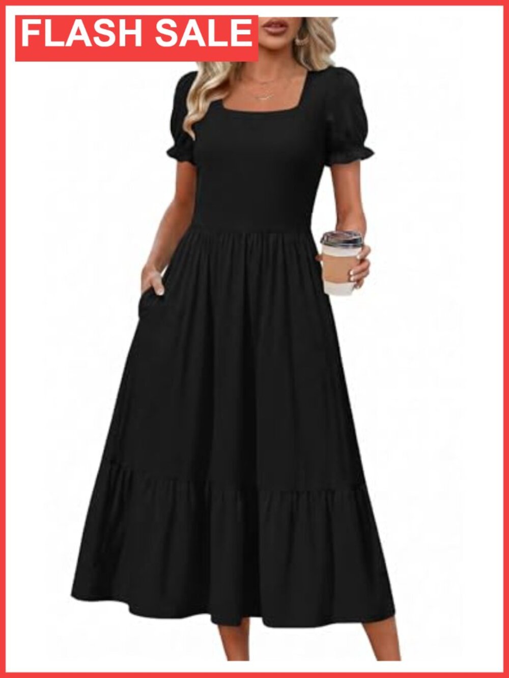 Flowy Midi Dress Short Sleeve Tiered Summer Casual with Pockets